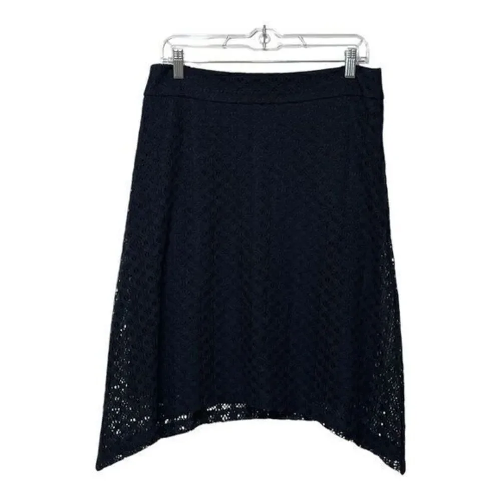 Cato Womens Midi A Line Asymmetrical Skirt Size 8 Navy Crochet Lined Stretch Zip - Picture 7 of 7